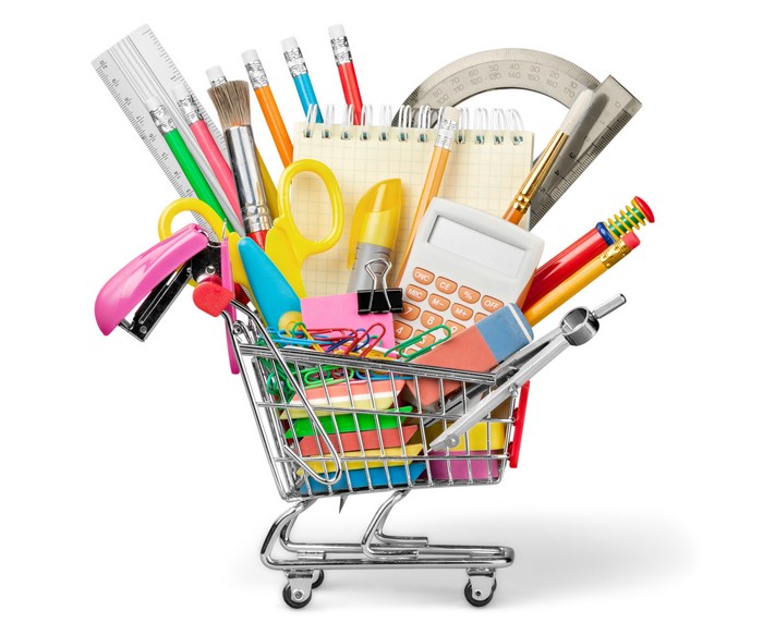 Shopping cart full of stationery supplies