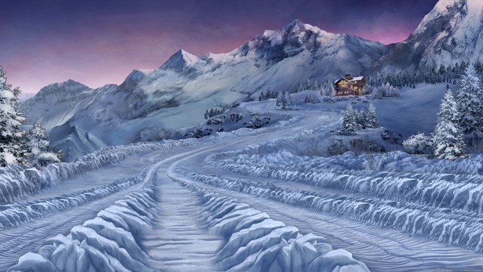 Winter mountain road with a cabin