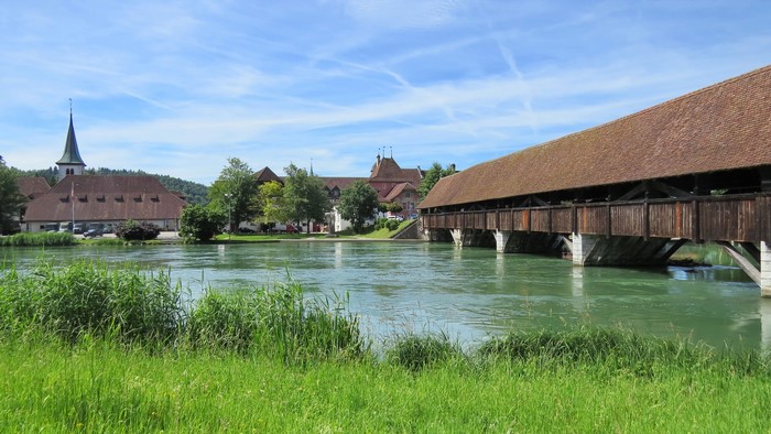 Wooden bridge over a river in Wangen an der Aare, Switzerland