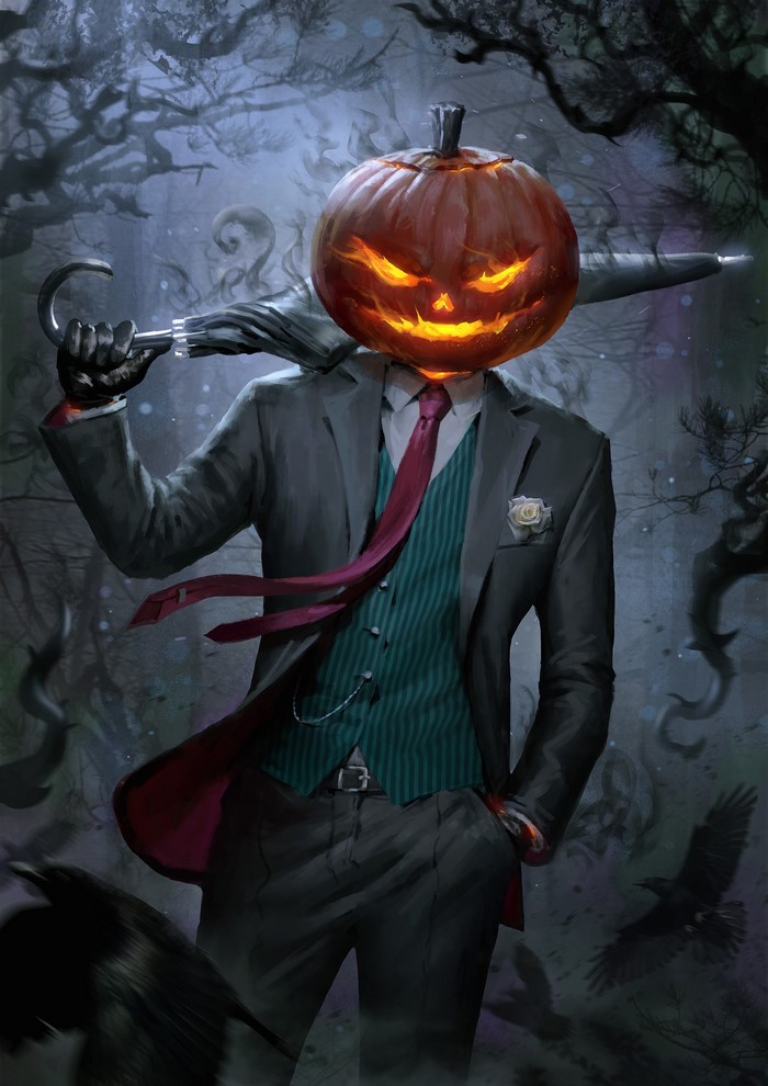 Jack O' Lantern Man in Suit with Umbrella