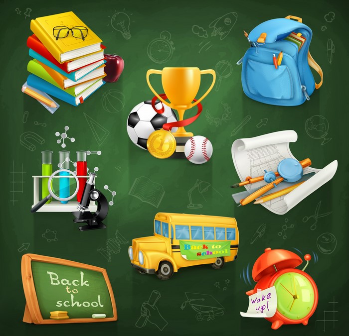 School supplies and sports equipment on a chalkboard background