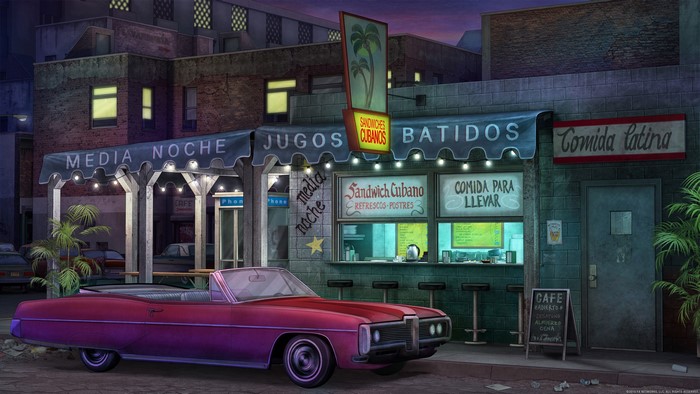 Media Noche Cafe with Convertible at Night