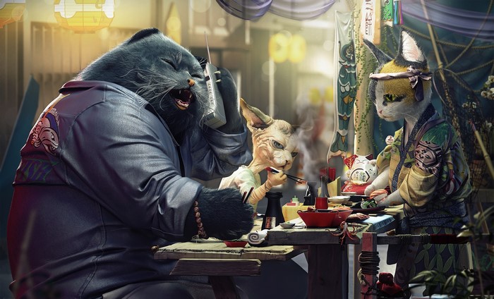 Cats eating at a table in a Japanese-style setting