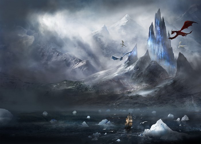 Dragons flying over a ship in a frozen landscape