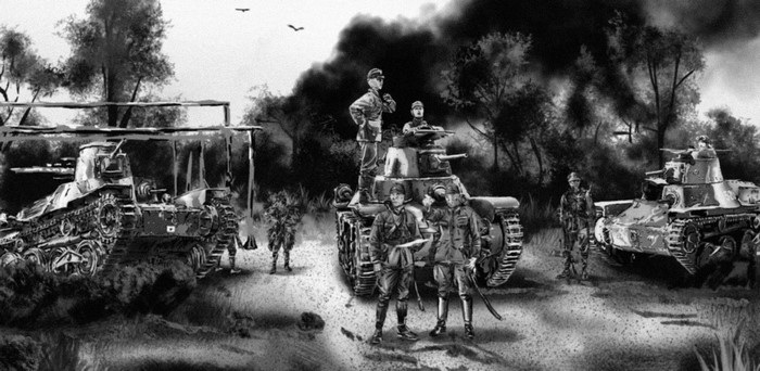 Japanese soldiers with tanks in a black and white painting