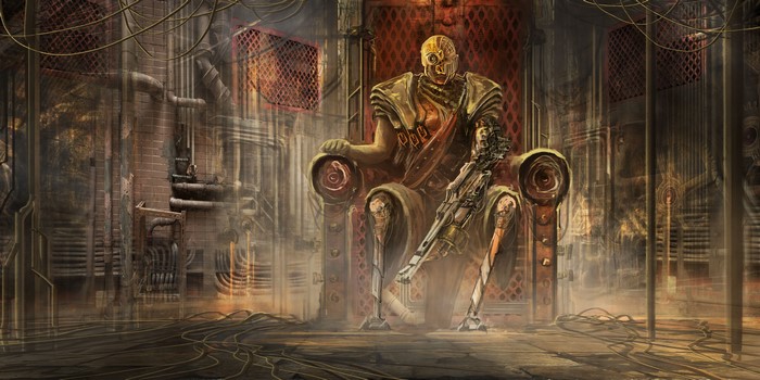 Robot Warrior on a Throne with Mechanical Arm