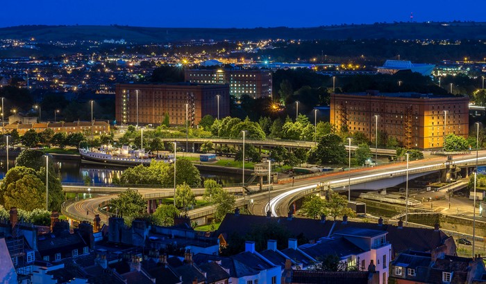 Cityscape at Dusk with Bridges and Buildings