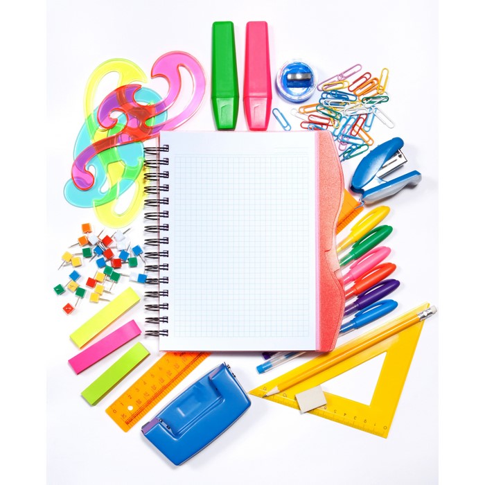 Stationery and school supplies on white background