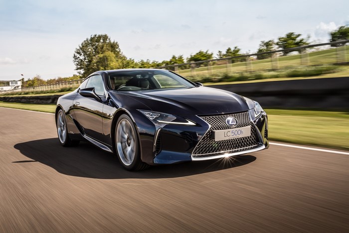 Blue 2017 Lexus LC 500h on a Racetrack