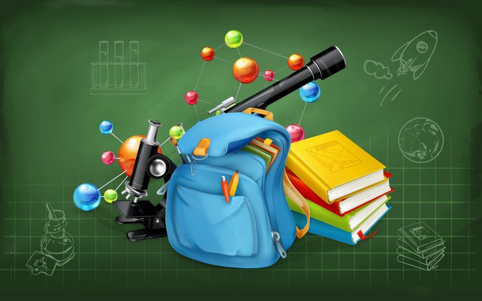 School backpack with science and study items