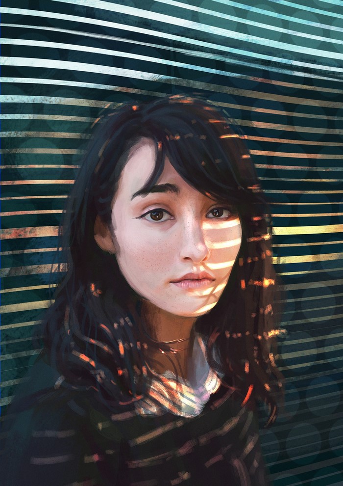 Painting of a young Asian woman with dark hair