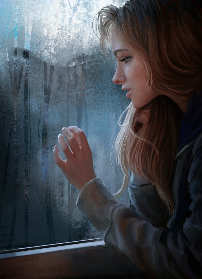 Painting of a woman looking out a window