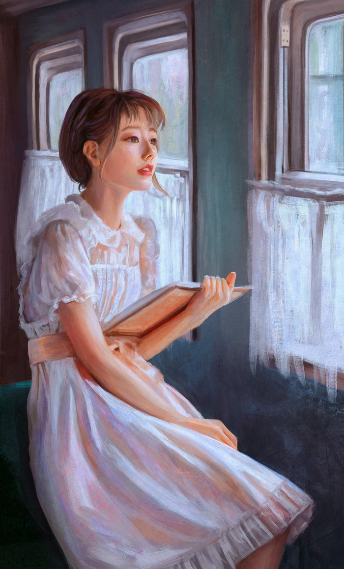 Painting of a woman reading a book on a train