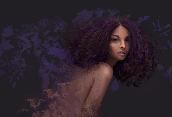 Painting of a woman with purple hair dissolving into purple leaves