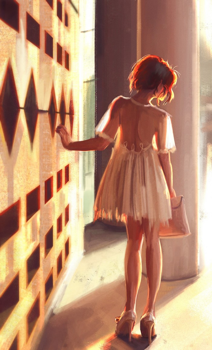 Painting of a woman in a dress touching a patterned wall