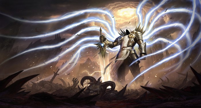 Tyrael from Diablo III with a sword and magic