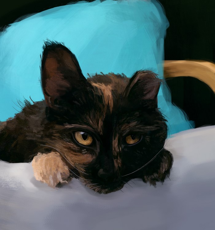 Painting of a tortoiseshell cat resting on a pillow