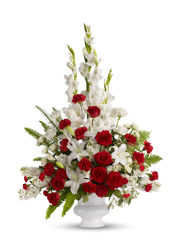 White Gladiolus and Red Rose Funeral Urn Arrangement