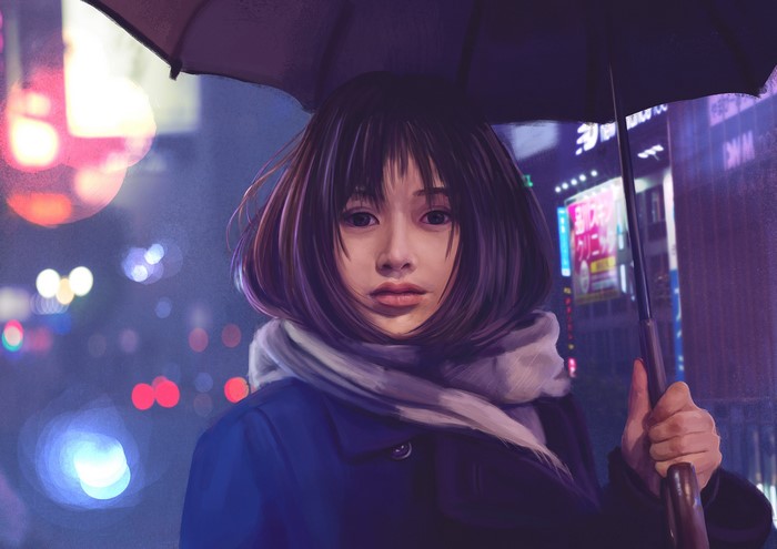 Painting of an Asian woman holding an umbrella at night