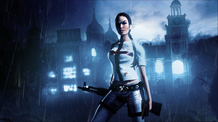 Lara Croft with Assault Rifle in the Rain