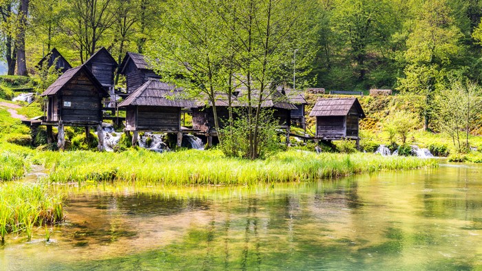 Wooden mills on water in Plitvice National Park, Croatia