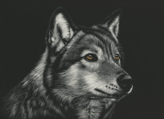 Close-up painting of a wolf's head