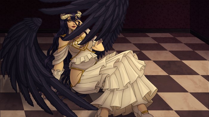 Albedo with black wings sitting on a checkered floor