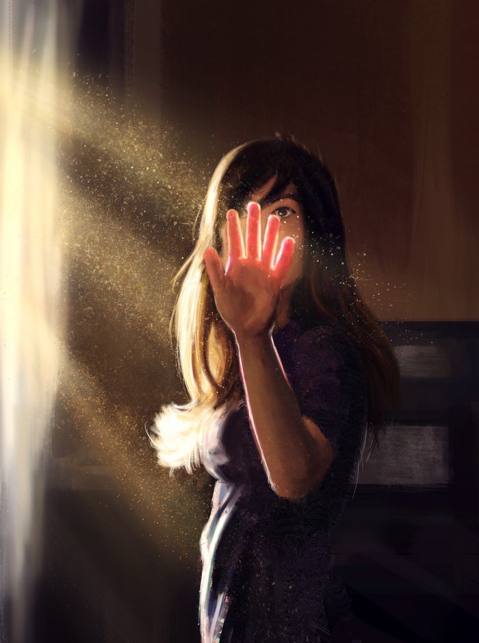 Painting of a woman with hand in light