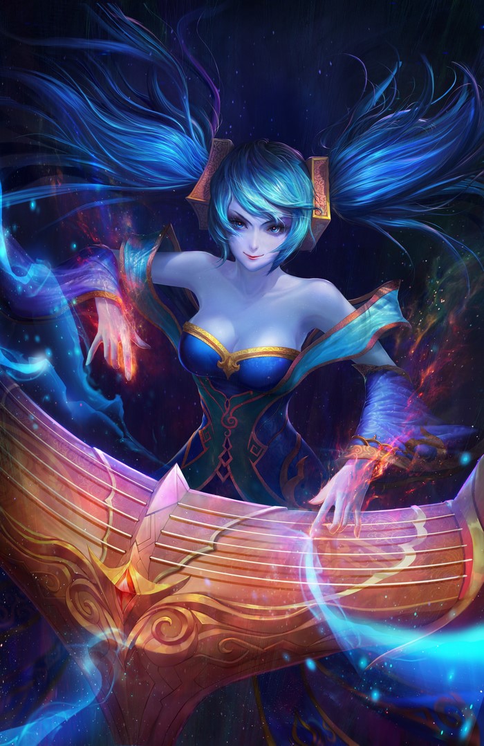 Sona from League of Legends playing a harp