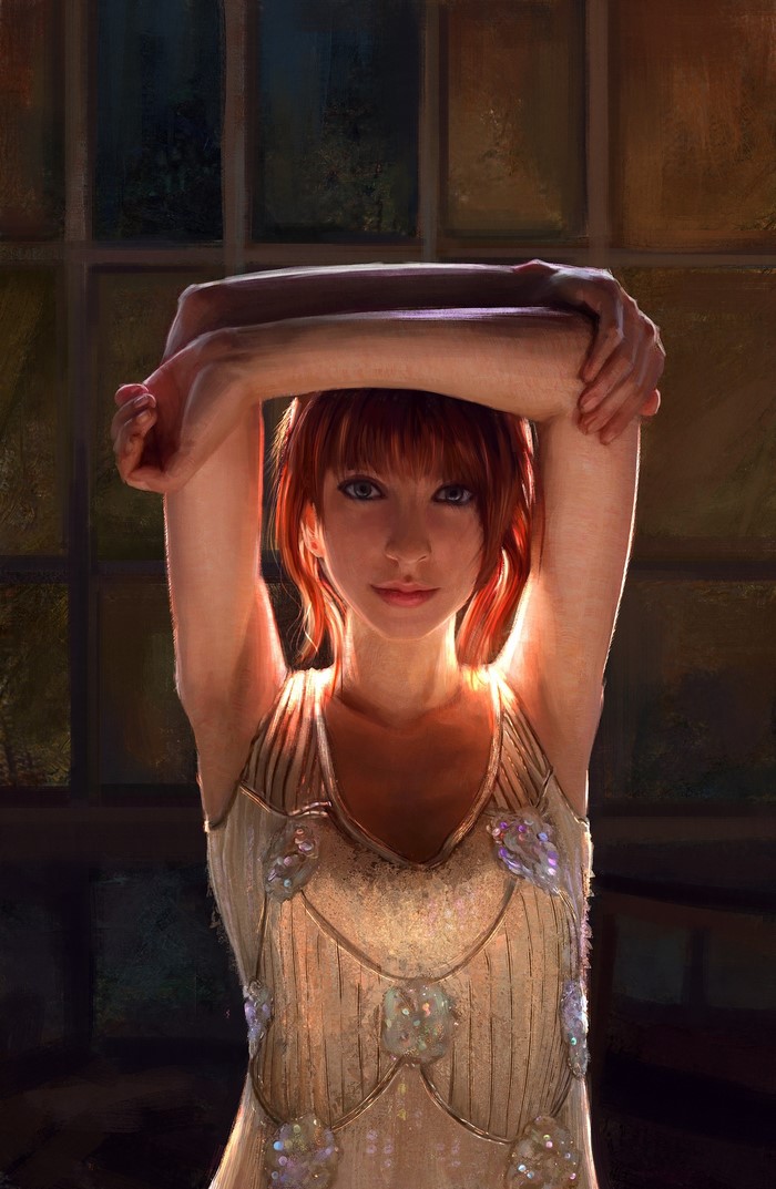 Painting of a redhead girl with arms raised
