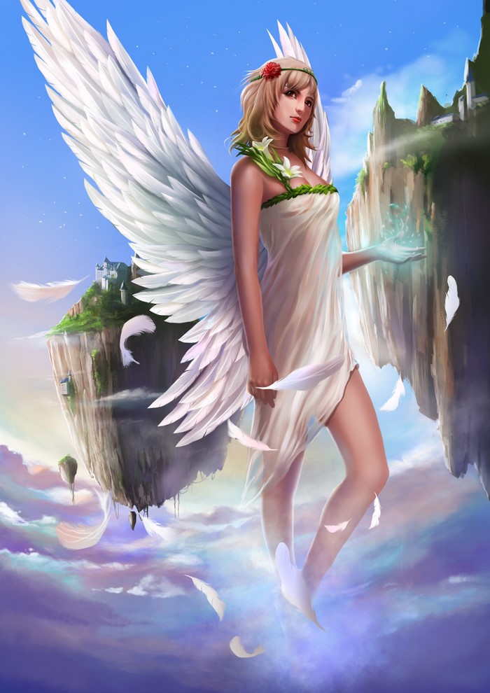Angel with wings in a fantasy sky