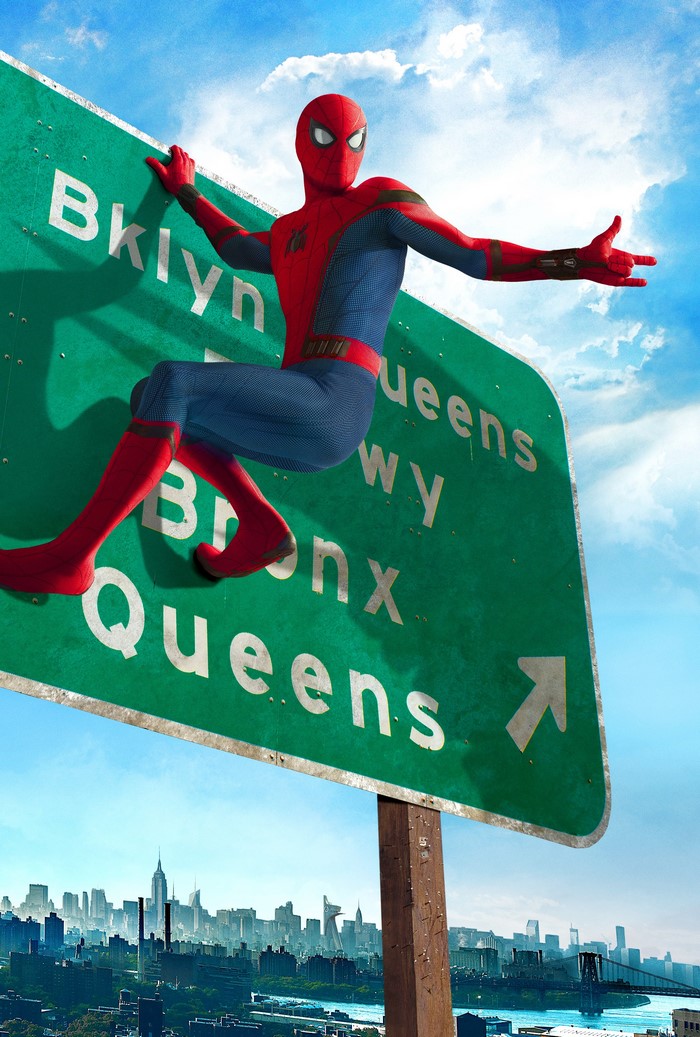 Spider-Man from Spider-Man: Homecoming on a highway sign