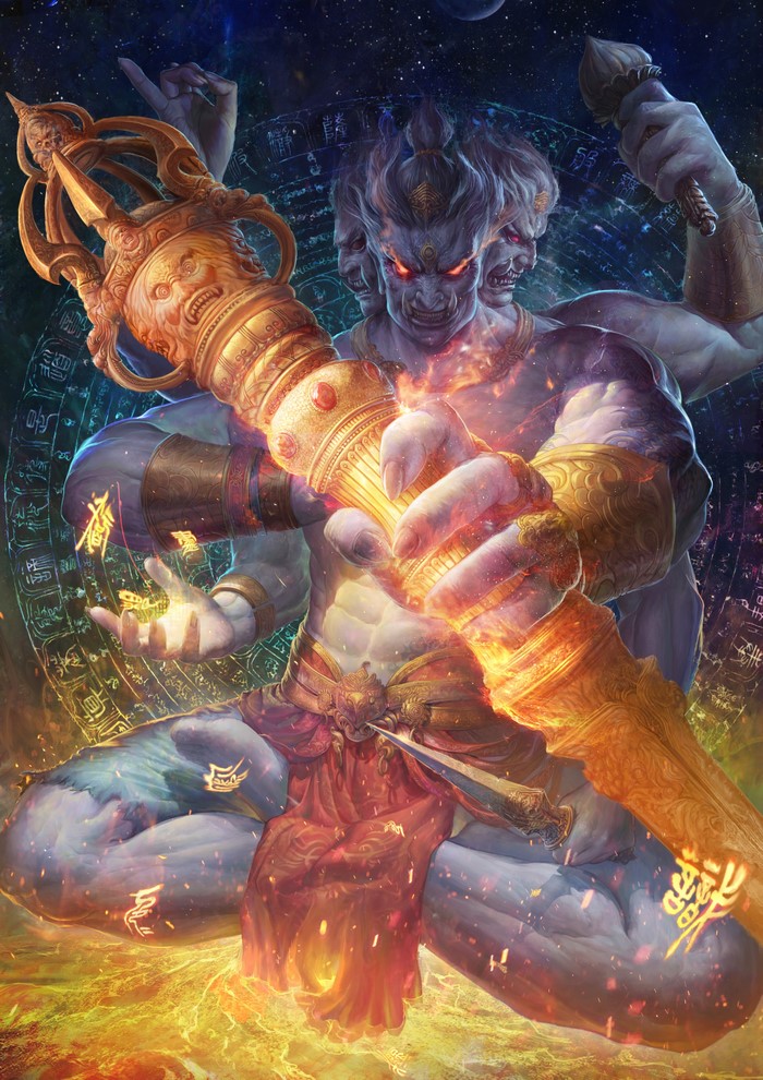 Four-faced deity holding a mace