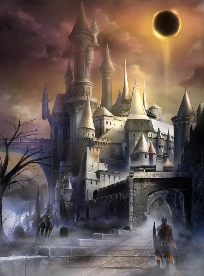 Warriors approaching a dark castle under an eclipse