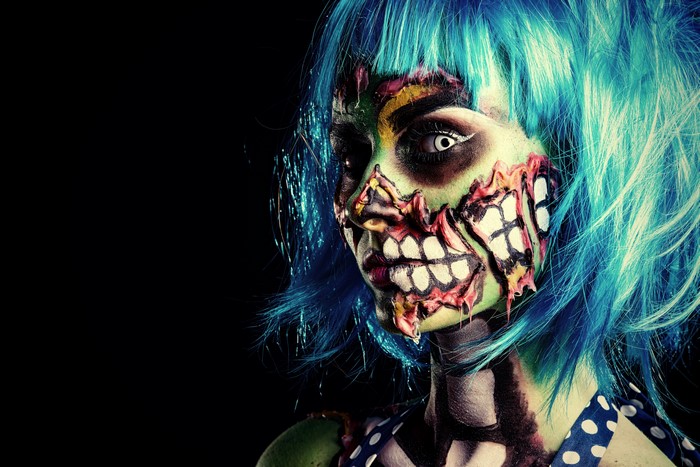 Zombie makeup with blue wig