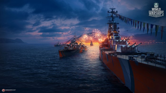World of Warships naval fleet with fireworks display