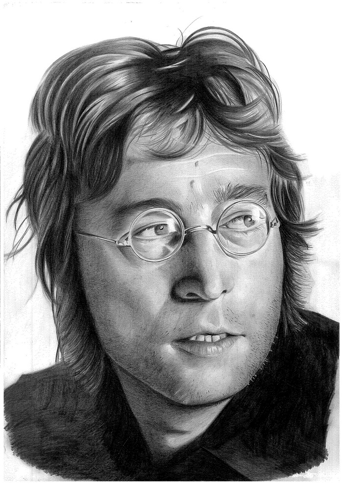 John Lennon wearing glasses, black and white portrait