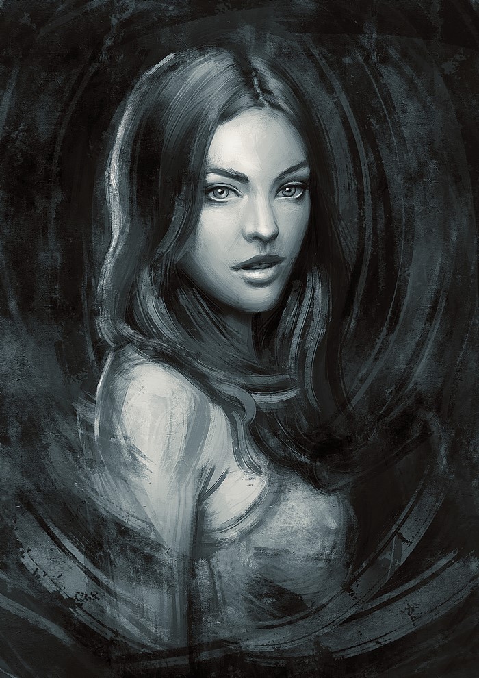 Black and white painting of a woman glancing