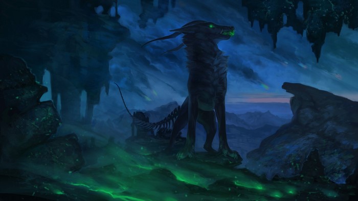 Creature in a dark, glowing cave with mountains in background