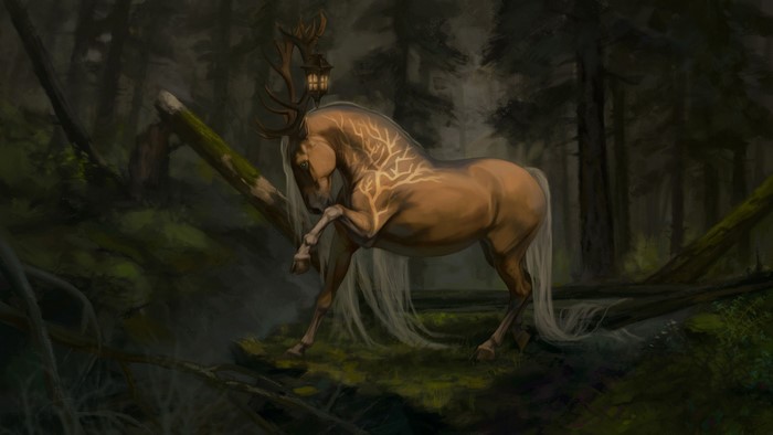 Magical horse with antlers and lantern in a forest