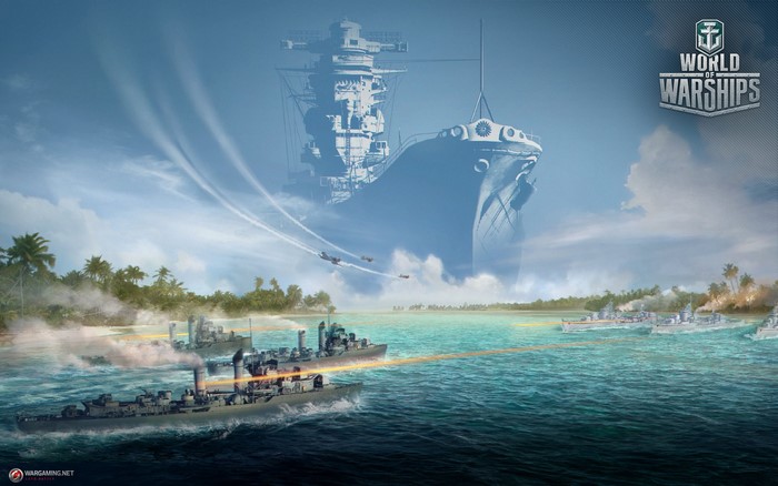 World of Warships battle scene with aircraft and island