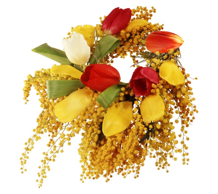 Tulips and Silver Wattle floral arrangement
