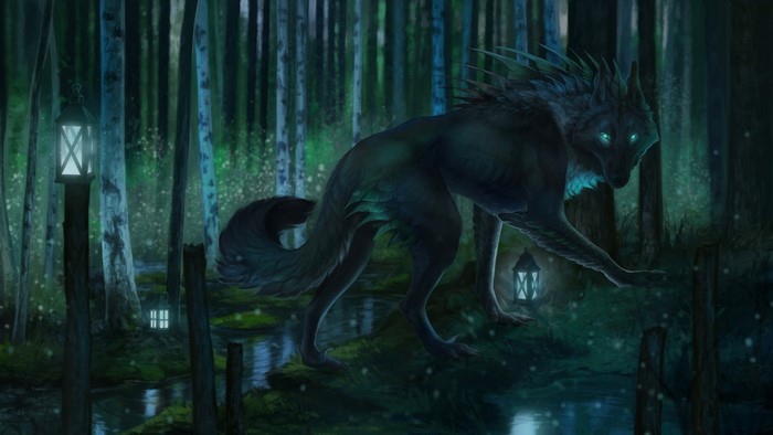 A mystical wolf in a moonlit forest with lanterns