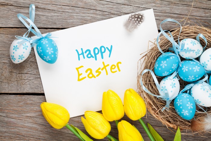 Happy Easter with Tulips and Eggs