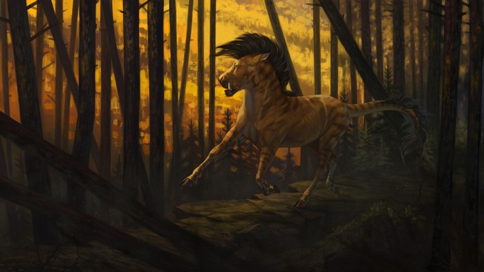 A prehistoric horse-like creature in a forest at sunset
