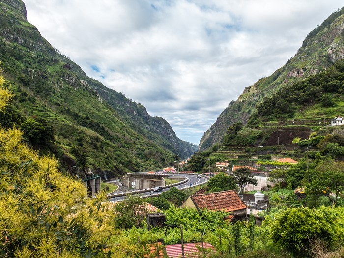 Valley with road and houses in Madeira, Portugal