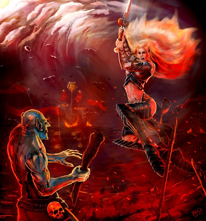 Female warrior fighting an orc with a club