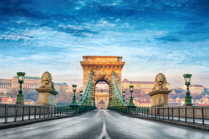 Chain Bridge with Lion Statues in Budapest, Hungary