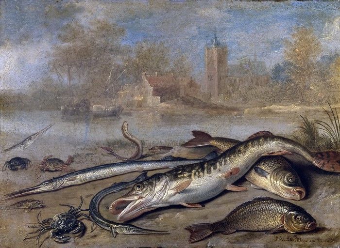 Fish and Crabs by a River with a Village