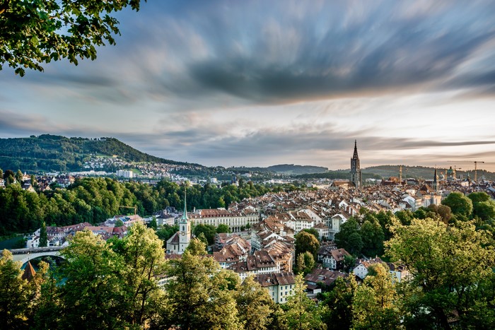 Bern, Switzerland Cityscape with River and Hills